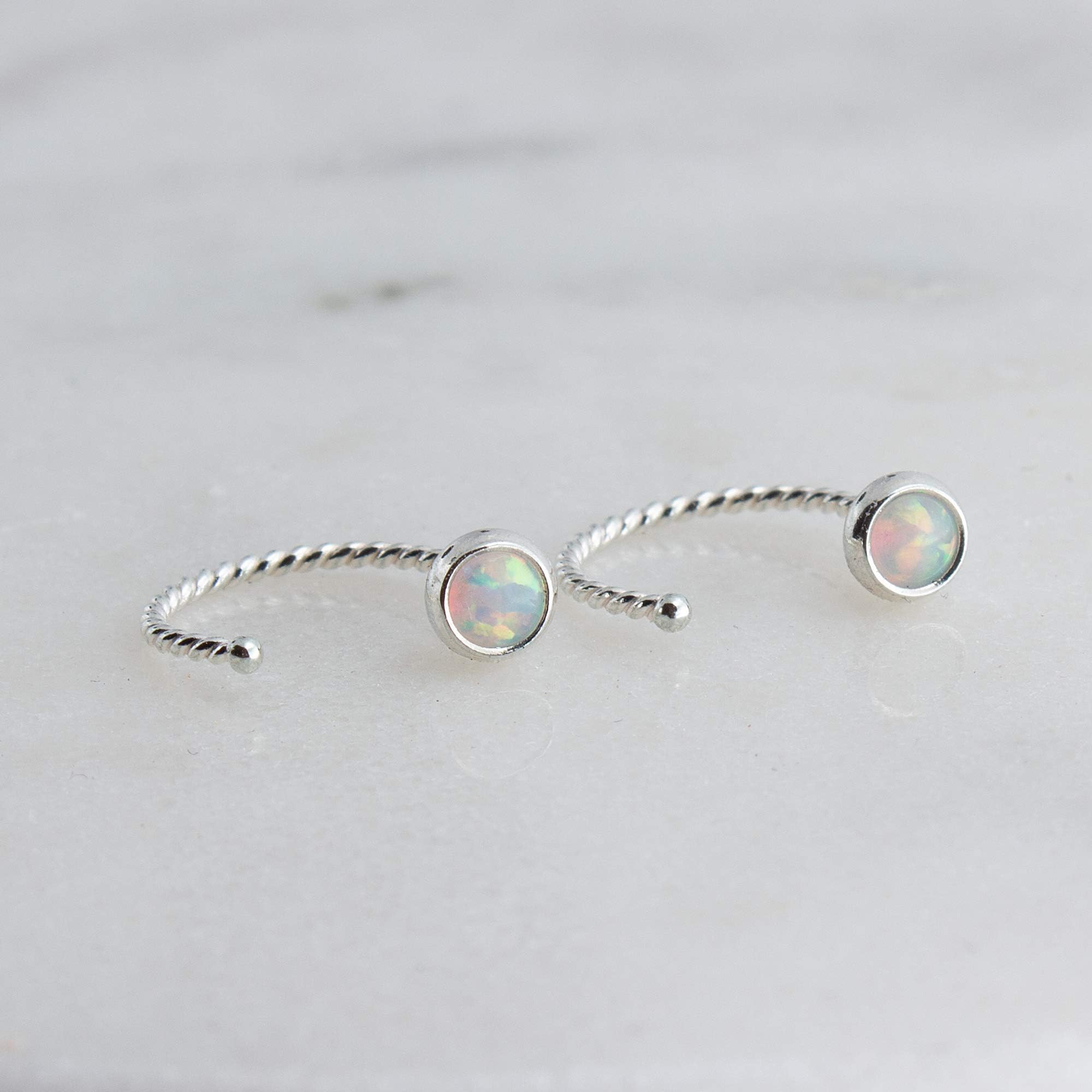 Fashion Art JewelryHalf Huggie Silver Hoop Earrings for Women Tiny Cartilage Birthstone Stud Piercing Earring Hypoallergenic Screw Back Dainty Cartilage Hoops (White Opal 3mm / 20 gauge)