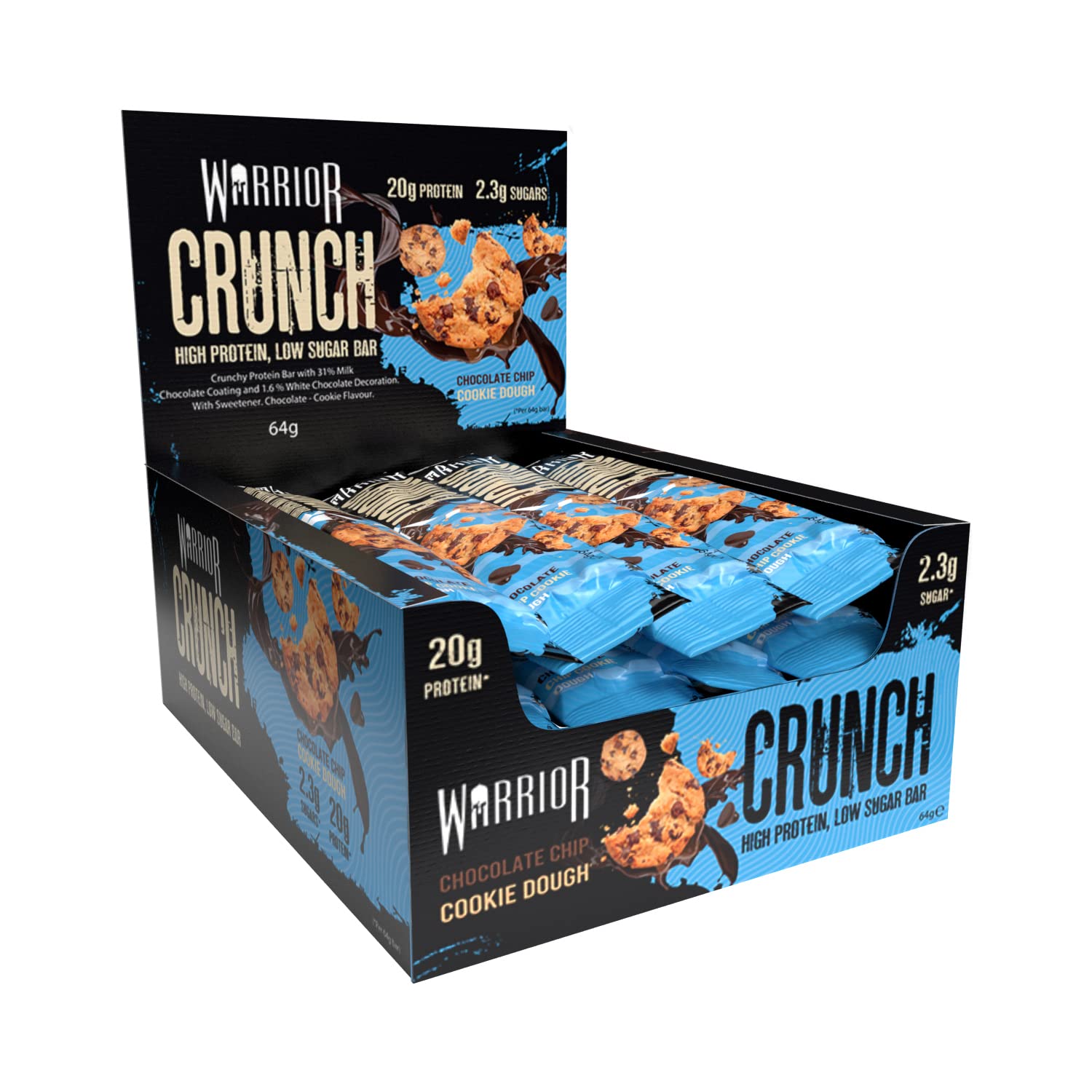 Warrior Crunch Protein Bars, Chocolate Chip Cookie Dough 12 x 64g – High Protein Snacks (20g), Low Sugar, Low Calorie Snack Bar, Guilt-Free On-the-Go Treats, Multipack Diet Bars for Weight Loss