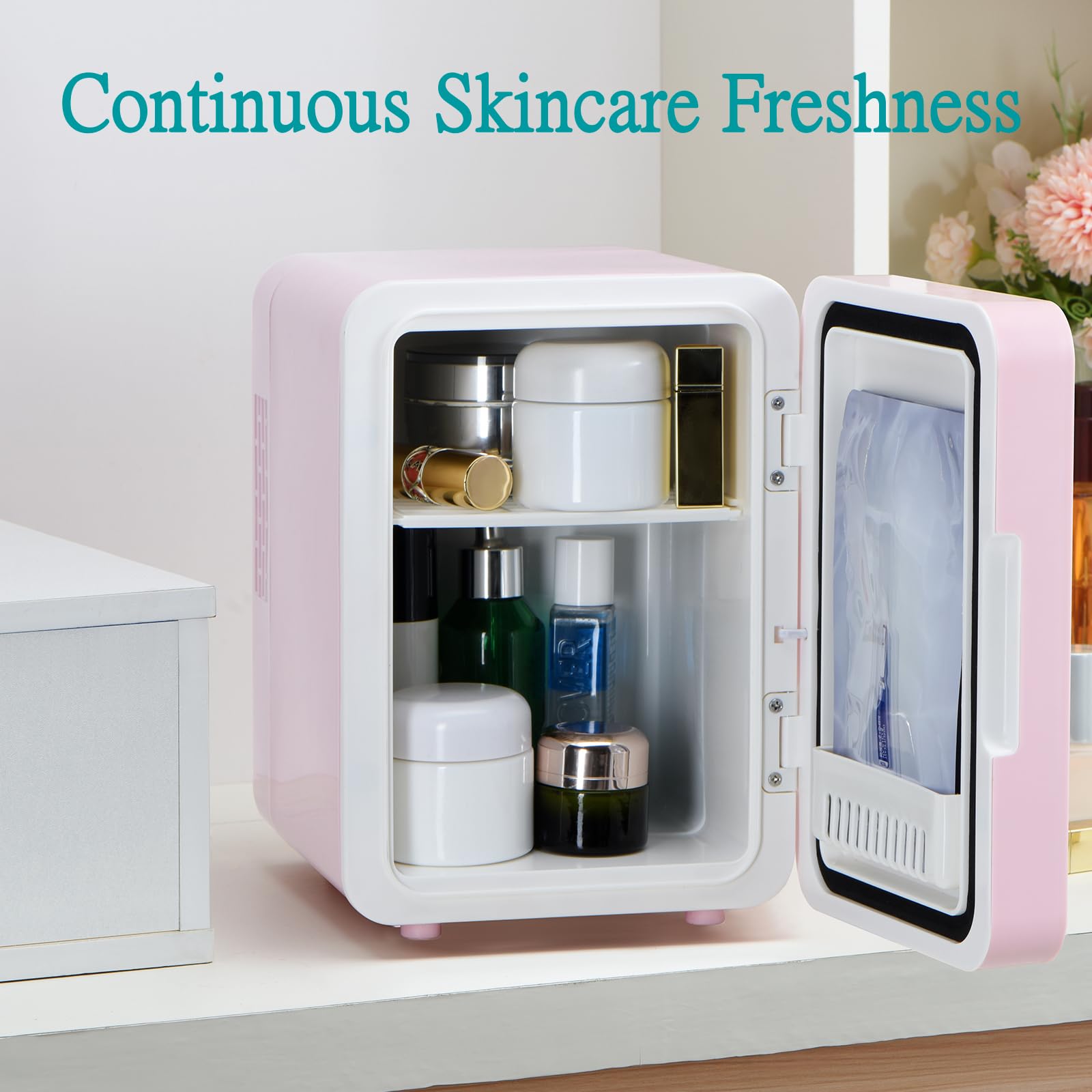 Iceblue Skincare Fridge with Dimmable LED Light Mirror, 4L Compact Makeup Refrigerator for Bedroom, Car, Office & Dorm, Pink Mini Fridge for Beauty Essentials & Beverages(Pink)