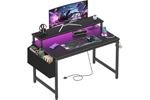 Lufeiya Small Desk with Power Outlets and LED Lights, 32 Inch Teen Writing Study Table Home Office Computer Desks with Monitor Stand, Gaming Desk with Charging Station, Black