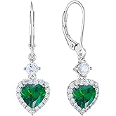 PYNZY Heart Dangle Drop Earrings for Women, 925 Sterling Silver Earrings with 7x7MM Birthstones Love Heart Leverback Jewelry Gifts for Her