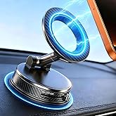 Black Magnetic Phone Holder for Car, Vacuum Suction & 3000gf Magnet, 360° Adjustable Dashboard Mount, Compatible with iPhone 