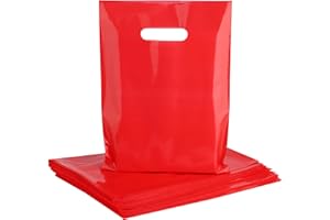 POPGIFTU Red Plastic Bags with Die-Cut Handles 100 Pack - 9x12 Inches, 1.75 Mil Thick Glossy Red Retail Shopping Bags Bulk for Gift Wrapping, Party Favors, Birthday, Small Business & Store