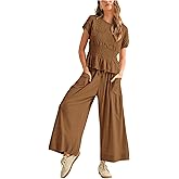 Antnation Womens 2 Piece Smocked Top Wide-Leg Pants Set High-Waisted Lounge Outfit with Pockets Casual Boho Matching Set