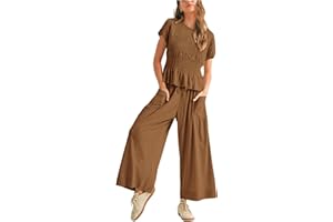 Antnation Womens 2 Piece Smocked Top Wide-Leg Pants Set High-Waisted Lounge Outfit with Pockets Casual Boho Matching Set