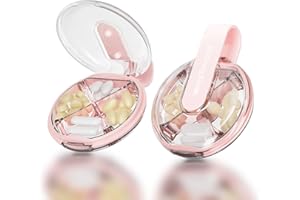 HYJERYTY 1 Pack Easy-to-Hold Small Round Pink Pill Organizer with Decorative Strap, 4 Compartments, Compact Travel Pill Box Case, Portable and Moistureproof to Store Vitamins, Medication and Supplements