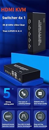 XYKJOBC 4x1 HDMI USB KVM Switch 4K HDCP2.2 Keyboard Mouse Monitor PC Splitter view 3