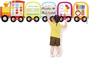 Joyreal Wooden Busy Board Train Activity Wall Panels - Montessori Sensory Wall Toys for Toddlers - Learning Activity Center for Playroom & Daycare Decor - Educational Toy Gift for Boys and Girls 18 M+