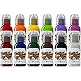 World Famous Tattoo Ink - 12 Primary Color Tattoo Kit #1 - Professional Tattoo Ink in Color Assortment, Includes White Tattoo Ink - Skin-Safe Permanent Tattooing - Vegan & Non-Toxic (1 oz Each)