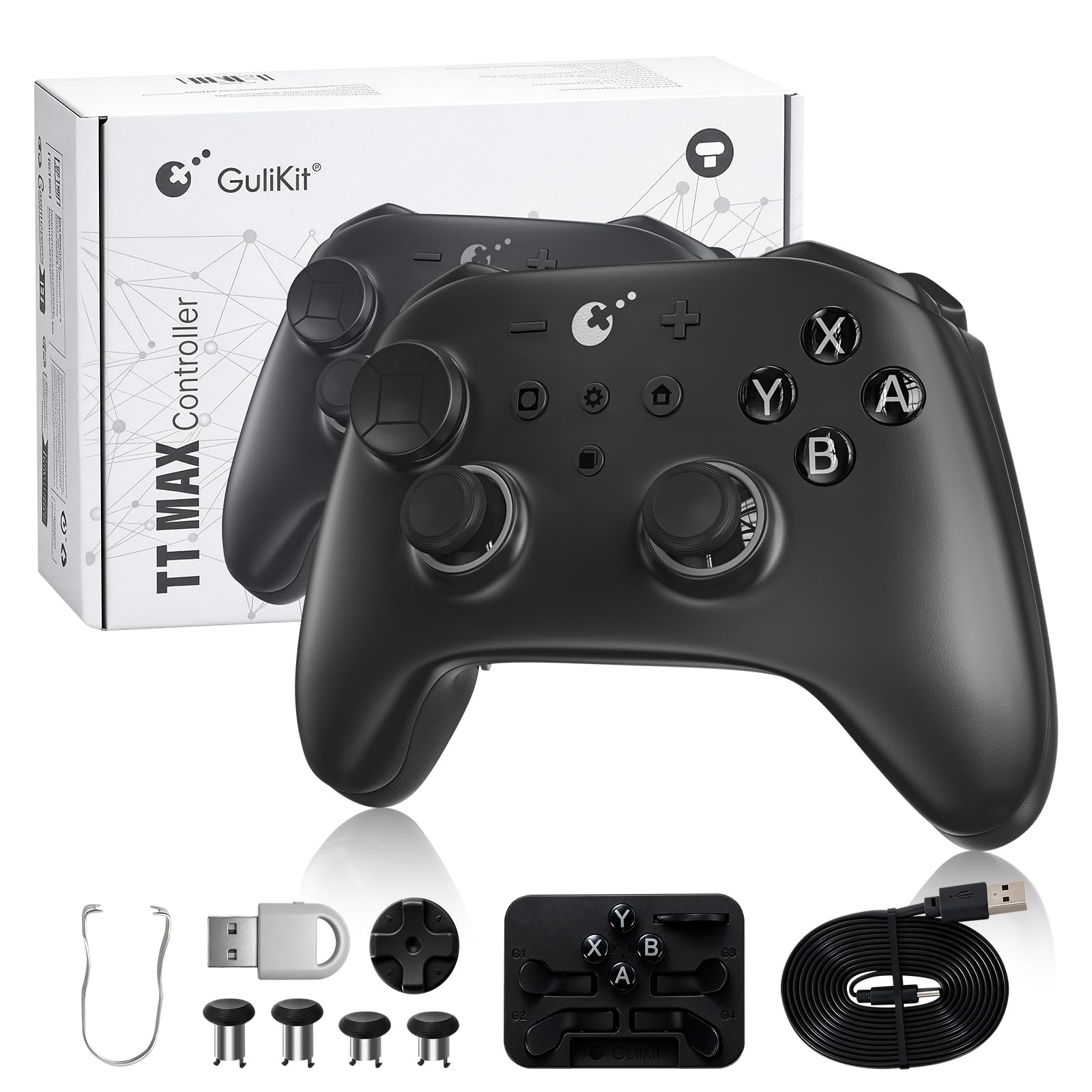 GuliKit TT MAX Wireless Controller for PC, Android, iOS, Switch 1/2, 720° Adjustable TMR Joystick, with 950mAh Long-Lasting Battery, Switch Wake-Up Function and 4 Detachable Metal Back Buttons-Black