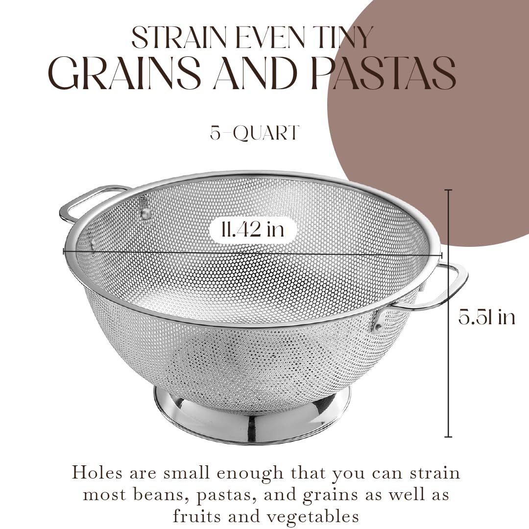 Bellemain Colander for Kitchen – 5 Qt Stainless Steel Strainer with Handle - 18/8 Pasta Strainer Bowl for Pasta, Spaghetti, Vegetables, Fruit, and Pot Draining - Stainless Steel Colander