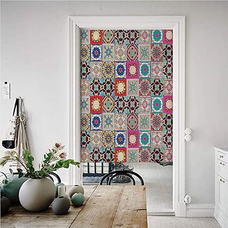 Amazon モロッコ のれん おしゃれ 目隠し 幅85cm 丈150cm 数学的幾何学的な芸術的なセラミックモザイクタイルと図形のコレクション おしゃれ ロング 居酒屋 店 部屋 玄関 入り口 間仕切り インテリア マルチカラー のれん オンライン通販