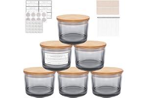 CONNOO 6-Pack 16 oz Candle Jars - 3-Wick Gray Empty Wide Mouth Glass Candle Jars Come with Bamboo Lids, Sticky Warning Labels, and a Candle Wick Kit for Candle Making - Dishwasher Safe