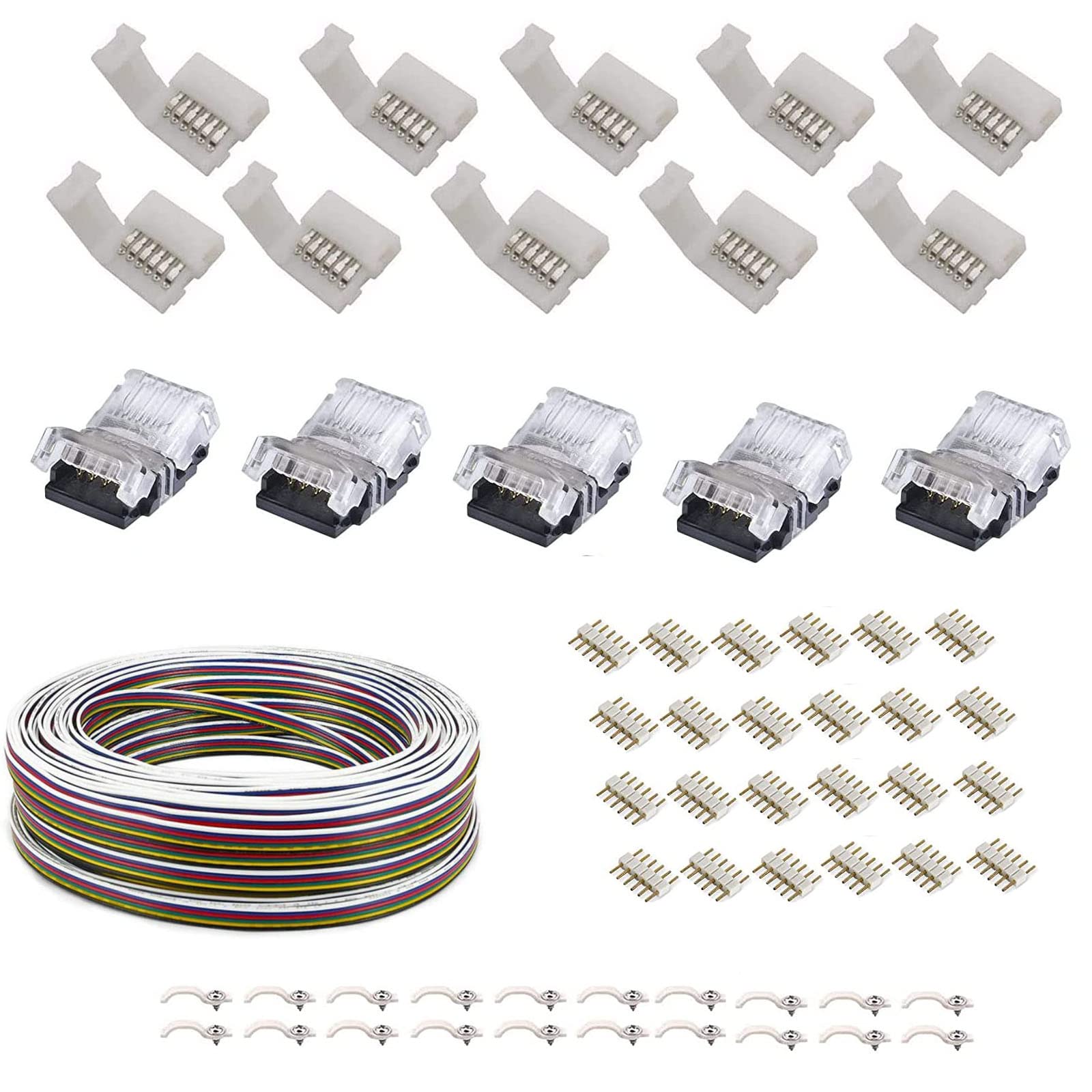 6pin 12mm RGBWW 16.4FT5M Extension Cable Wire Cord for RGB+CCT 5050 3528 Color Changing Flexible LED Strip Light with 10x Gapless Connectors,20x LED Strip Clips, 20x Male to Male Connector