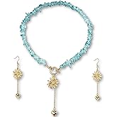 Hellodr Boho Beaded Blue Crystal Flower Heart Necklace Earrings Set for Women, OT Clasp Natural Stone Choker Necklace with Gold Flower Heart Drop Earrings Jewelry Gift