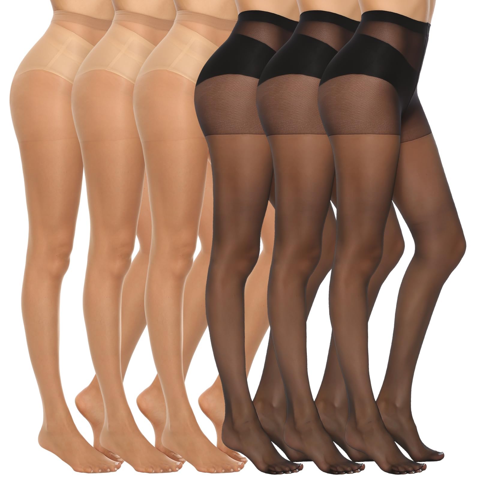 Photo 1 of MANZI 6 Pairs Women's 20D Sheer Silky Pantyhose Run Resistant Nylon Tights High Waist Stockings with Control Top(3 Black +3 Natural,S