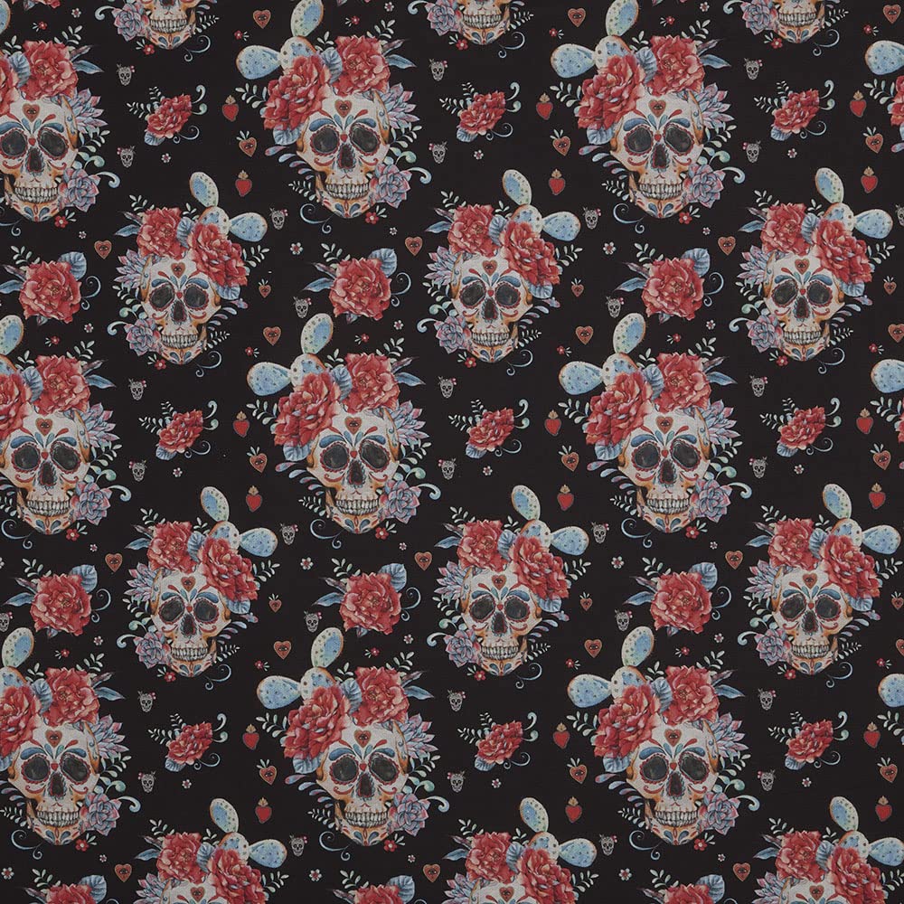 Kt KILOtela - Digital Printed Canvas Fabric, Upholstery, Cushions, Curtains, Half Panama Cotton, 100 cm Length x 280 cm Width | Catrinas - Black, Red, Blue ─ 1 Metre