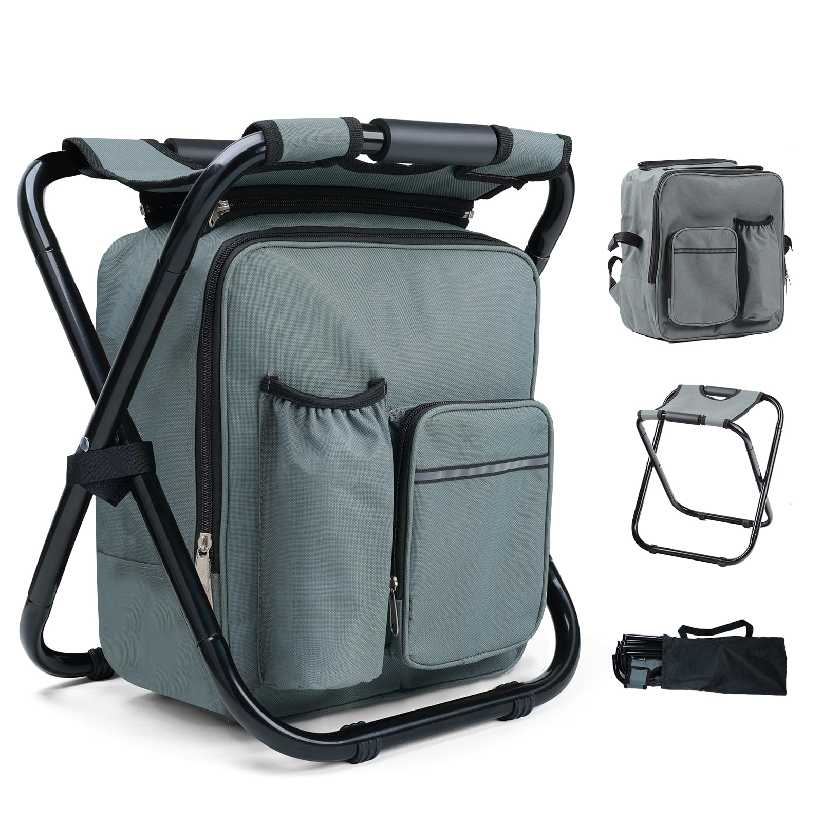 Outplea Portable Fishing Stool with Removable 15L Cooler Backpack, Foldable Caming Chair Backpack 160kg Max Load, Gray