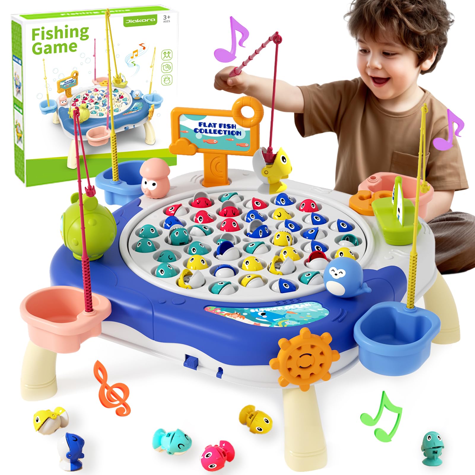 Jiakora Large Magnetic Fishing Game for Kids Toddlers Ages 1-3 3-5, Kids Toddler Fishing Game Musical Fish Toy Board Game for Toddlers 1 2 3 4 5 Years Old, Christmas Birthday Gifts for Boys Girls