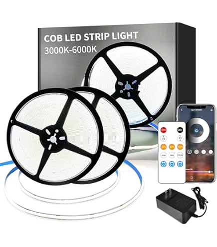 Aclorol COB LED Strip Light 10M Cool White Dimmable 24V Ultra Bright Tape Light Flexible Dotless Light Strip With Remote And Power Supply For Kitchen Under Cabinet Mirror DIY Lighting Project 6000K