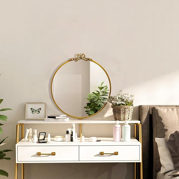 TOPCITY VINTAGE ROUND GOLD BOW MIRROR: 20″ ANTIQUE BATHROOM VANITY MIRRORS WITH METAL FRAME – BAROQUE ORNATE FOR ENTRYWAY/BEDROOM/HALLWAY/FIREPLACE- HOME WALL DECOR FOR LIVING ROOM