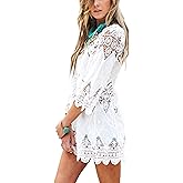 Women's Bathing Suit Cover Up Lace Crochet Tunic Bikini Beach Dress (M, White)