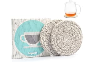 HIYALOT Large 4.8" Cotton Coasters for Drinks Set of 2, Oversized Absorbent Brown Fabric Cup Mats for Coffee Mugs, Boho Desk & Nightstand Drink Pads, Durable Minimalist Coasters for Home Décor(Caffè no)