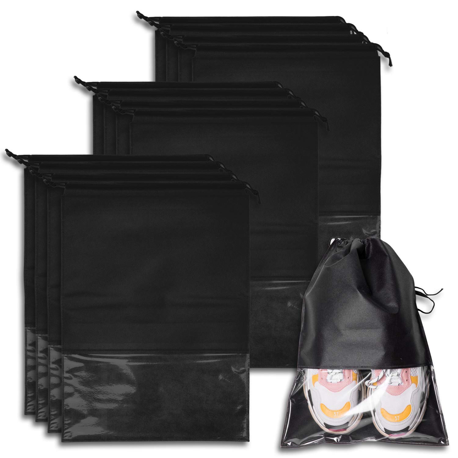 12PCS Travel Shoe Bag, Large Drawstring Shoes Storage Bags Pouch Organizer with Transparent Window (Black)