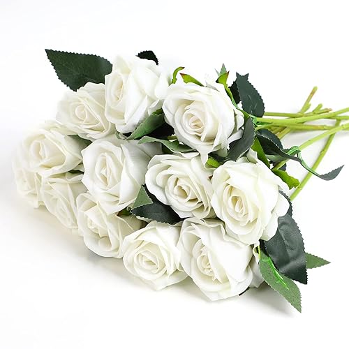 JOFONY 12 PCS Artificial Champagne Silk Roses, Champagne Silk Artificial Roses Bridal Wedding Bouquet Realistic Flower for Home Decor and Events(White)
