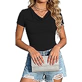 Lunait Women's Cowl Neck Tops Basic T Shirts 2026 Summer Slim Fit Stretchy Short Sleeve Y2k Tees