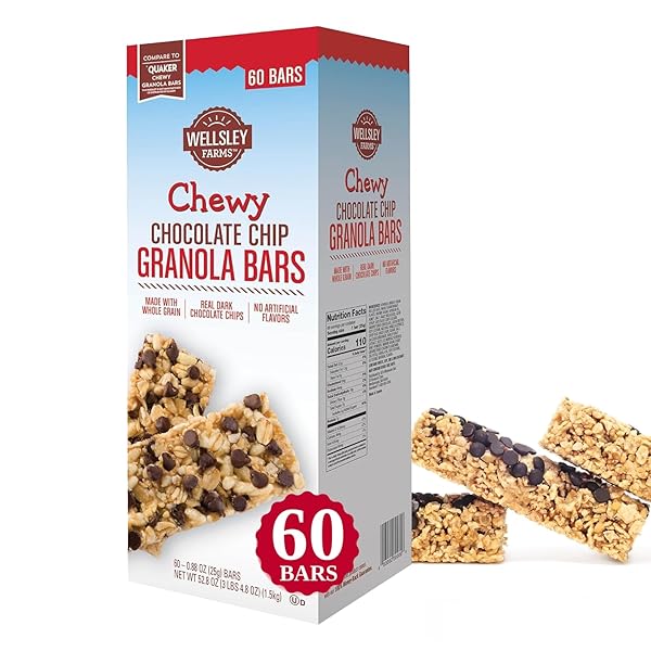 WELLSLEY FARMS CHEWY CHOCOLATE CHIP GRANOLA BARS – NO HIGH-FRUCTOSE CORN SYRUP – VEGETARIAN – WHOLE GRAIN GRANOLA BARS – 110 CALORIES PER BAR – PERFECT FOR SNACKS & LUNCHBOXES, 60 COUNT (PACK OF 1)