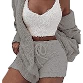 VNVNE Womens Sexy Fuzzy Warm Sherpa Fleece 3 Piece Outfit Fleece Coat Jacket Outwear and Spaghetti Strap Crop Top Shorts Set