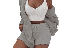 VNVNE Womens Sexy Fuzzy Warm Sherpa Fleece 3 Piece Outfit Fleece Coat Jacket Outwear and Spaghetti Strap Crop Top Shorts Set