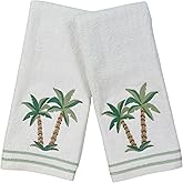 Tropical Bathroom Hand Towels- Set of 2 100% Cotton White Embroidered Palm Tree Hand Bath Towels- 16 x 25 Bath & Kitchen Decor