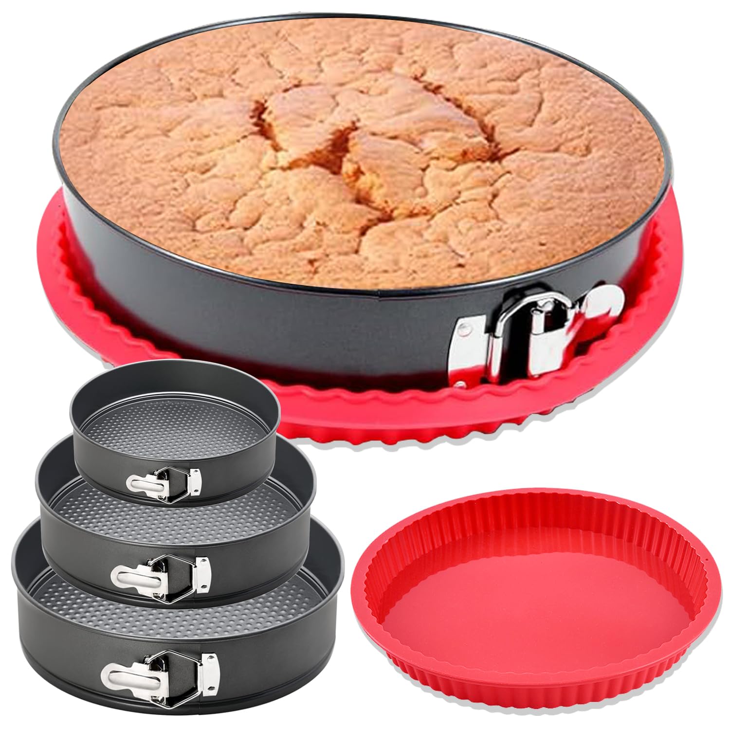 Springform Tin Set of 4 Round Cake Baking Tins with Removable Bottom Cheesecake Pan Leakproof Protector 26/18/22 CM Bakeware for Cake, Cheesecakes, Pizza