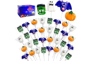 EORA Halloween Lollipop Suckers Candy 32 Pack, Spooky Candy Lollipops, Pumpkin, Green Monster and Bat Candies Sucker Lollipops Individually Wrapped for Halloween Goody Bag Fillers - Trick or Treat