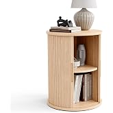 LINSY HOME Round Fluted End Table, Tall Side Table with Sliding Tambour Door and Storage Shelf, Modern Bedside Table, Mid-Century Nightstand for Living Room, Bedroom, Oak