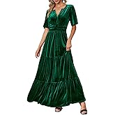 Amegoya Women's Velvet Short Sleeve V Neck Formal Wedding Guest Maxi Dresses Fall Evening Party Long Dresses