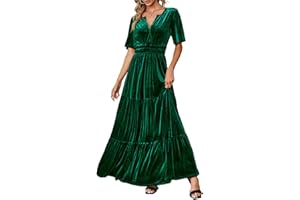Amegoya Women's Velvet Short Sleeve V Neck Formal Wedding Guest Maxi Dresses Fall Evening Party Long Dresses