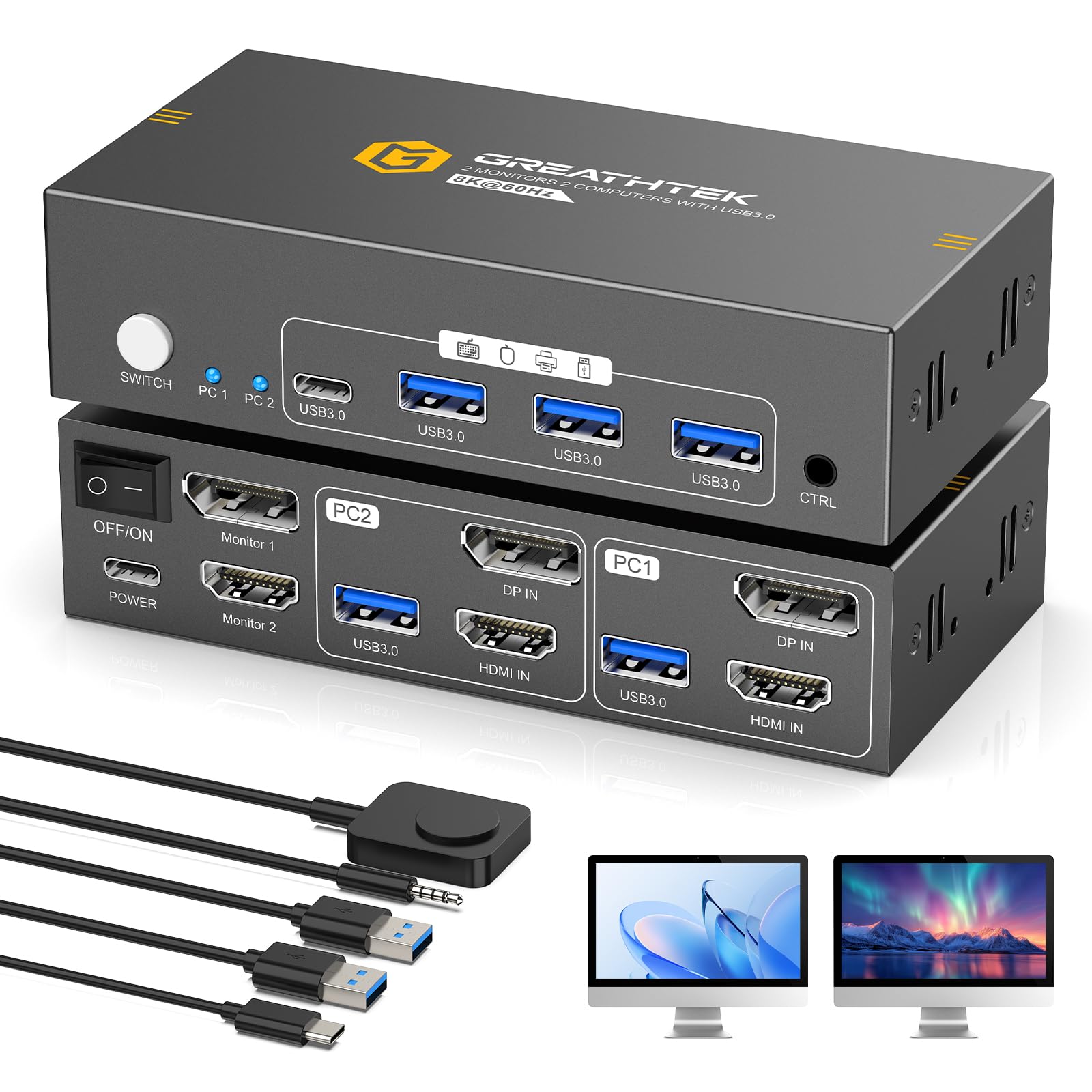 Photo 1 of HDMI+Displayport KVM Switch 2 Monitors 2 Computers 8K@60HZ Dual Monitors KVM Switcher for 2 PC/Laptops Share Mouse Keyboard and 2 Screens,with USB3.0 Ports/Wired Controller EDID Adapative