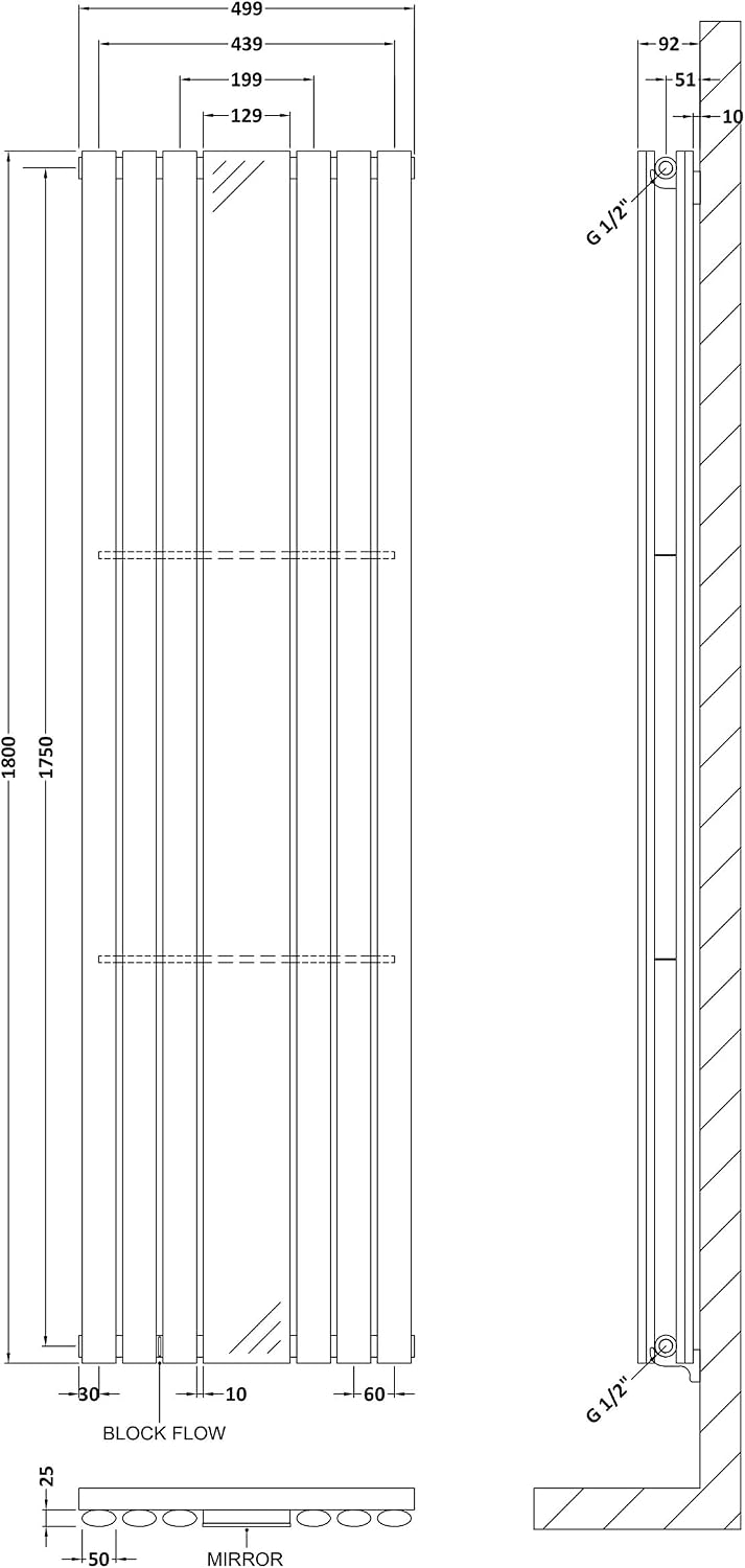 nuie HL331 Revive ǀ Modern Home Wall Mount Designer Vertical Double Panel Radiator with Mirror, 1800mm x 499mm x 78mm, High Gloss White - Image 3