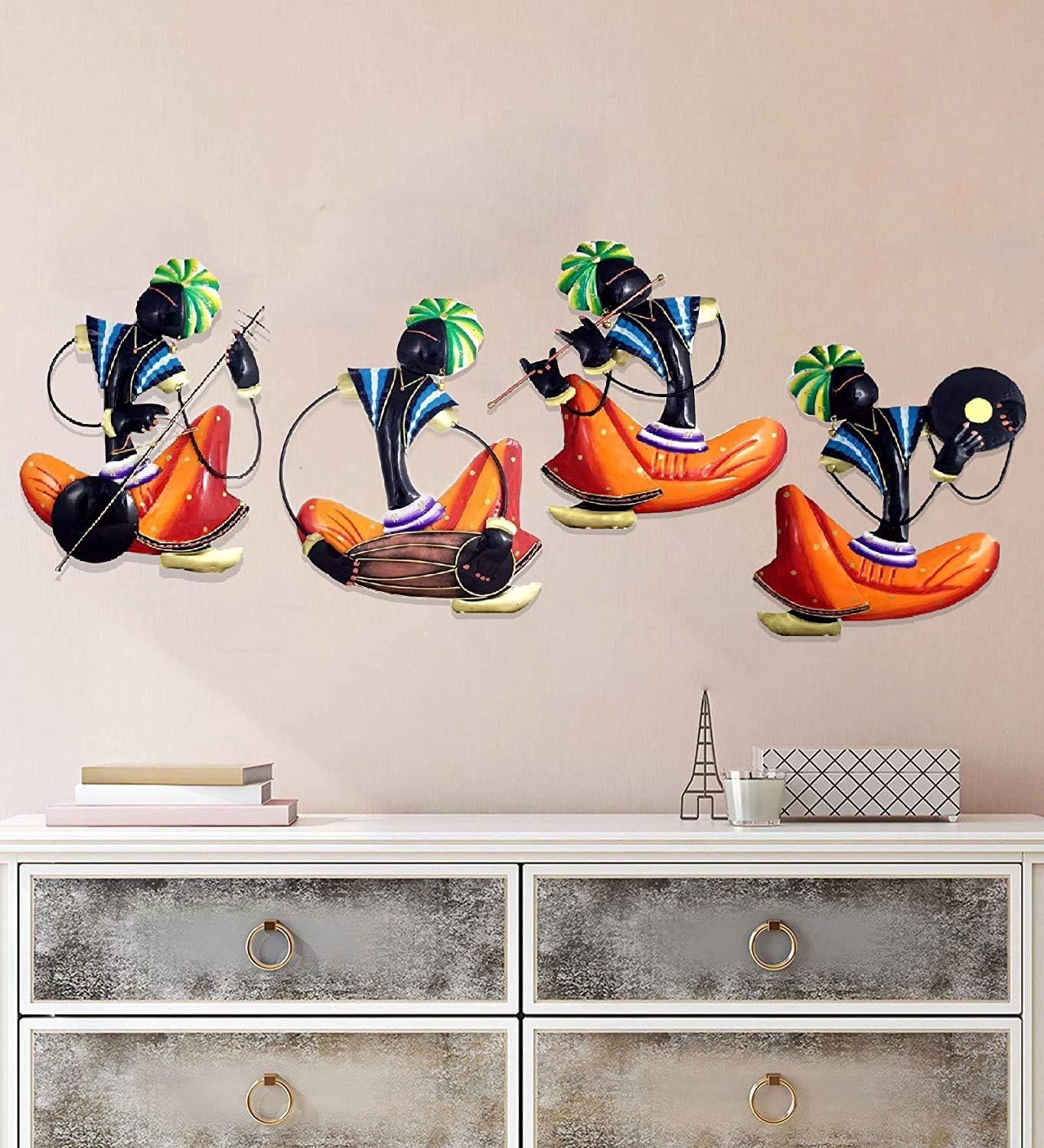 H. N. Enterprises metal wall hanging wall decor metal home decor wall mounted/wall hanging sculptured of Rajasthani Musician Men, Set of 4