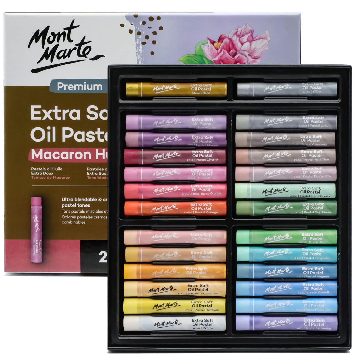 MONT MARTE Extra Soft Oil Pastels Macaron Hues Premium 26pc, Assorted Pastel & Metallic Colors, Vibrant, Buttery, Versatile Art Pastels for Blending, layering & Shading, Coloring, Sketching