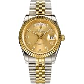HUNRUY 41MM Men's Gold Plated Stainless Steel Waterproof Quartz Watch Luxury Wristwatch with Date Week Display