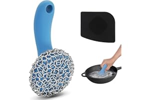 TMEDW Cast Iron Scrubber with Long Handle | 316 Cast Iron Cleaner Chainmail Scrubber for Cast Iron Pan Skillet Cleaner - Dish Scouring Pad Dishwasher Safe Cleaning Kit (Blue, 1 Scrubber + 1 Scraper)