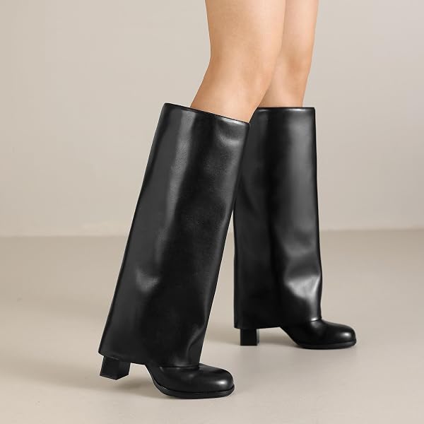 MEOLEE KNEE HIGH BOOTS WOMEN FOLD OVER CHUNKY HIGH HEELS LONG BOOTS ZIPPER ROUND TOE DRESS TALL BOOTS FOR WOMEN SIZE 9