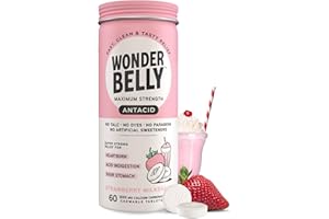 Wonderbelly Antacid, Effective Heartburn and Instant Acid Indigestion Relief, Extra Strength Chewable Tablets, 1000 mg Calcium Carbonate, No Talc or Dye, Strawberry Milkshake, 60 Count