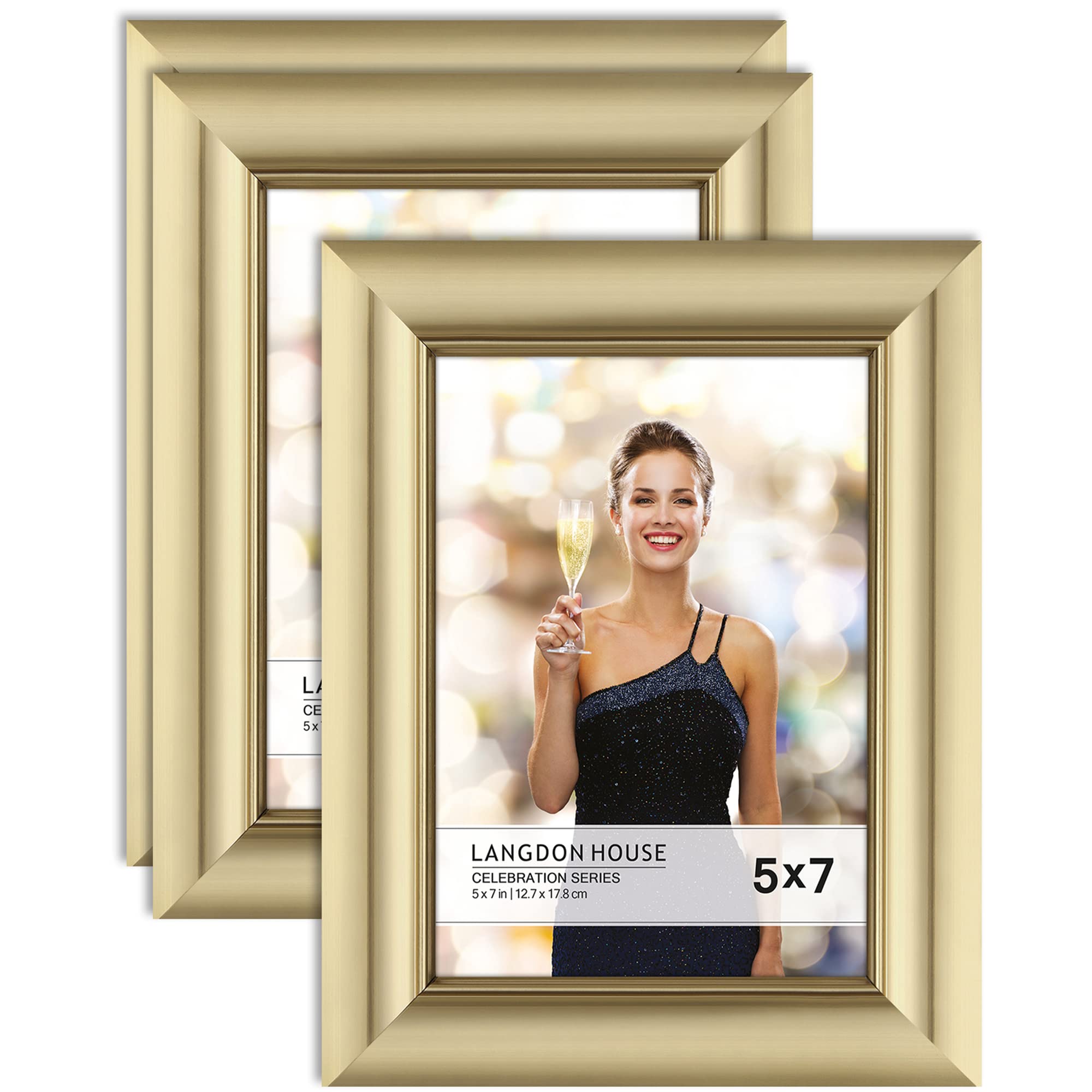 Langdon House 7x5 Picture Frames (Gold, 3 Pack), Contemporary Glam Photo Frames 7 x 5, Wall Mount or Table Top, Celebration Collection