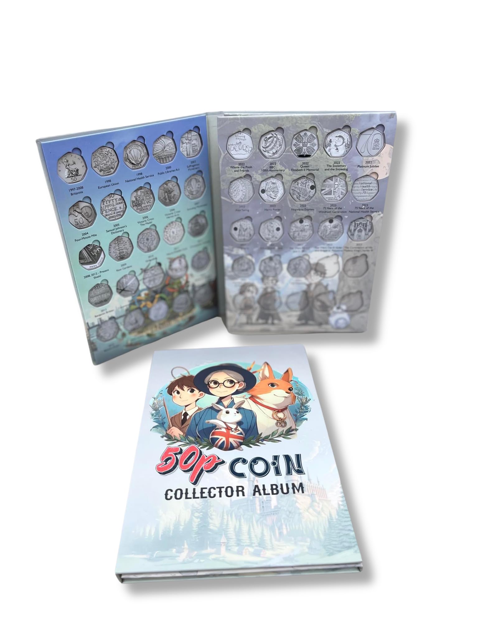 2024 Up to date UK 50p Coin Hunt Collector Album Folder Includes Beatrix potter spaces (Blue Album)