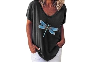 CTREELA Women's Dragonfly T Shirts Vintage Graphic Tees Loose Summer Plus Size Printed Short Sleeve Retro V Neck Blouse Tops
